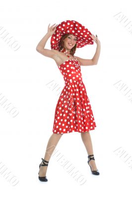portrait redheaded with spotted dress