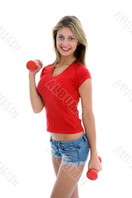 beautiful girl with dumbbells