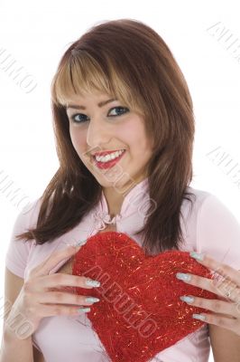 portrait redheaded with spotted dress