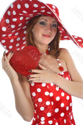 portrait redheaded with spotted dress