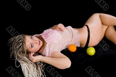 Portrait girl with apple and orange