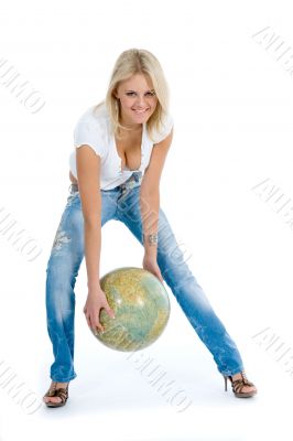 Young woman with  globe