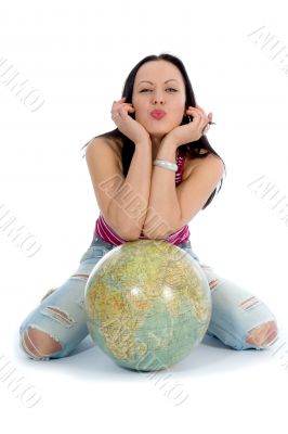 Young woman with  globe