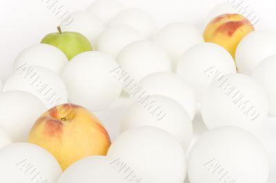 White spheres and fruit