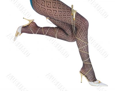 Long woman legs  in white dancing-slippers