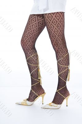 Long woman legs  in white dancing-slippers