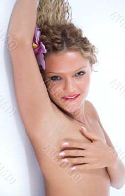 portrait of the nude blonde with blue eyes