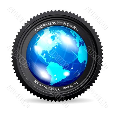 Zoom the World! Vector illustration of camera lens with Globe