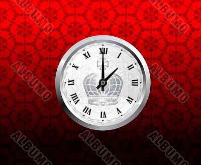 Vintage clock on red pattern style background