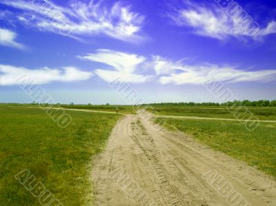 Rural sandy road among medows
