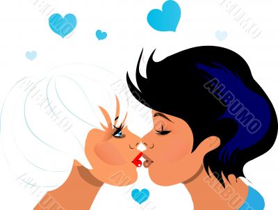 First love, couple kiss, boy and girl face to face, illustration