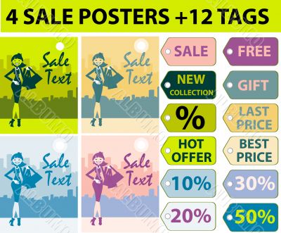 4 Sale posters & 12 tag set, woman shopping in the city, backgro