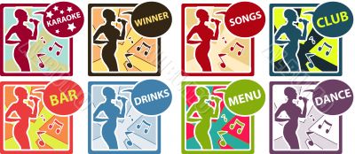 8 Karaoke music club set with woman sing song, silhouette icons,