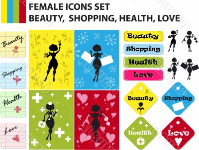Abstract Beauty, Love, Health, Shopping woman icons set. Fake co
