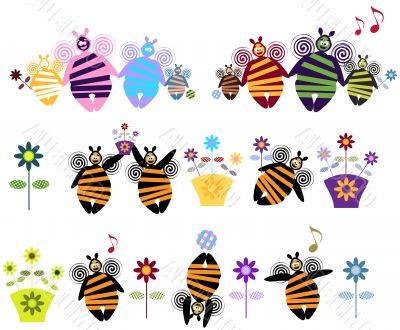 Abstract Happy Bee family icons with music, flower cartoon label
