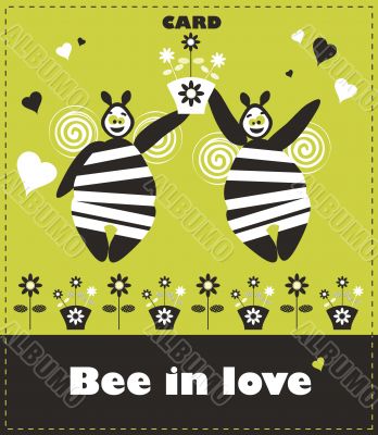 Floral card with couple bee in love. Fake paper congratulation c