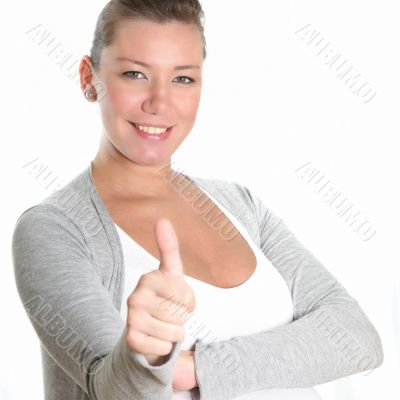 woman showing thumbs up