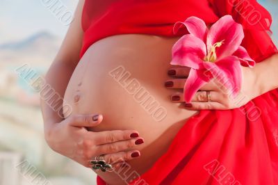 Pregnant woman in red with pink flower. Close-up.