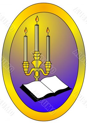 book with candle in frame.