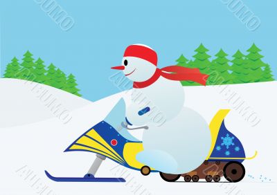 Snowman on a snowmobile