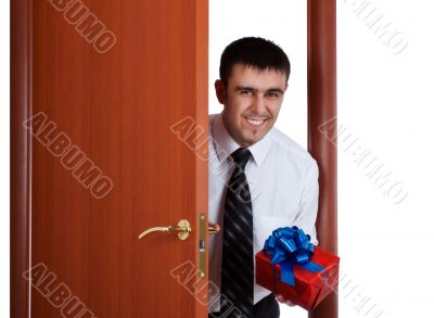 smiling man with gift