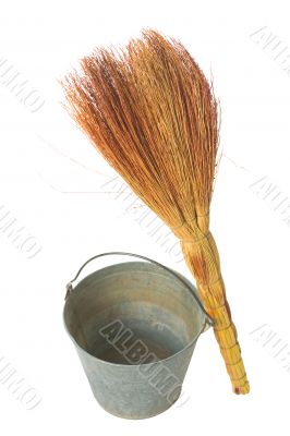Old vintage traditional  bucket, broom.