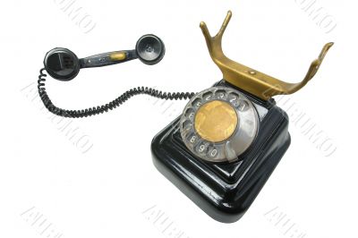 Old vintage black phone with disc dials with cliping path.