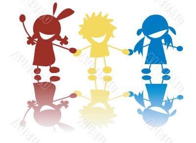 Happy little children holding hands in colors
