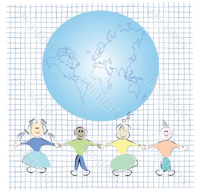 Friends and globe illustration, vector art