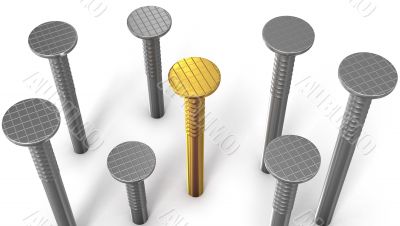 Golden nail between steel ones isolated on white