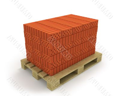 Stack of orange bricks on pallet, isolated on white, diagonal vi