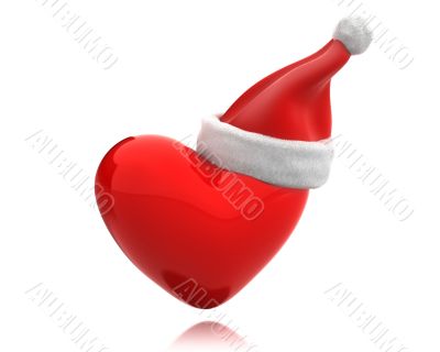 Red shiny heart with santa hat isolated