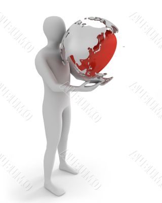 White man holds globe with heart, Asia part