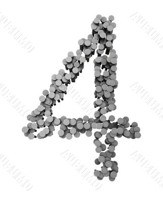 Alphabet made from hammered nails isolated, number 4