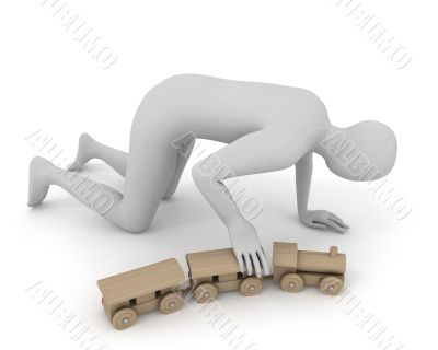 3D white man plays with wooden train