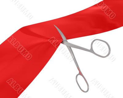 Manicure scissors cut the red ribbon 