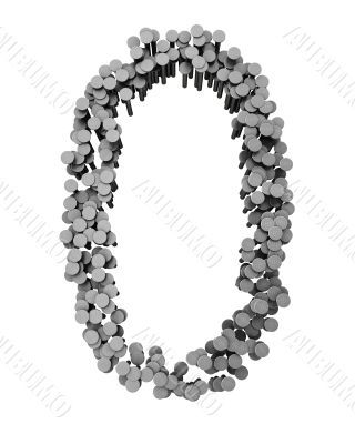 Alphabet made from hammered nails isolated, number 0