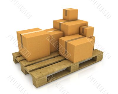 Stack of different sized carton boxes on wooden pallet