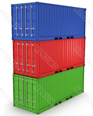 Three freight containers stacked in a tower isolated