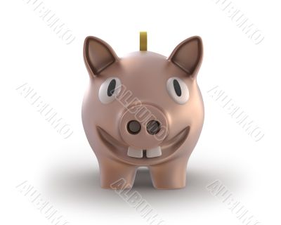 Piggy bank with a coin smiling front view