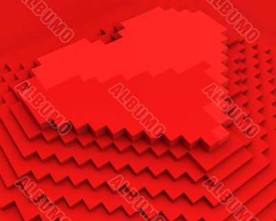 Pyramid with heart on top made of red cubic pixels, diagonal clo