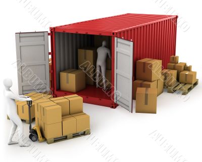 Two workers unload container
