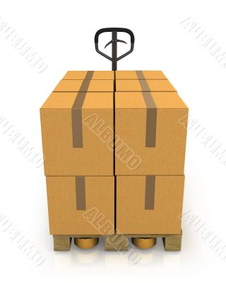 Stack of carton boxes on a pallet with a pallet truck front view