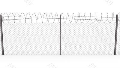 Chainlink fence with barbed wire on top, front view
