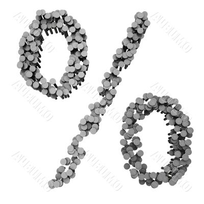 Alphabet made from hammered nails isolated, percent symbol