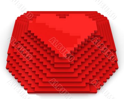 Pyramid with heart on top made of red cubic pixels, front view