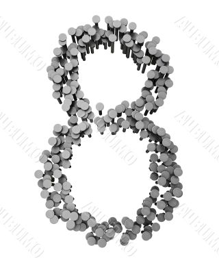 Alphabet made from hammered nails isolated, number 8 