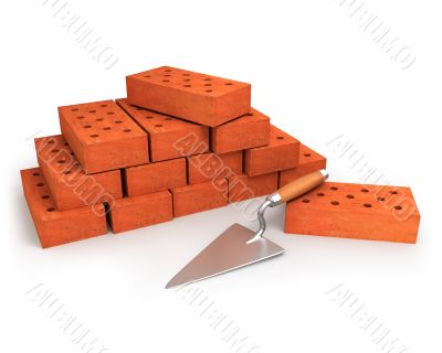 Trowel and stack of bricks isolated on white 