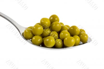 Canned green peas in a spoon