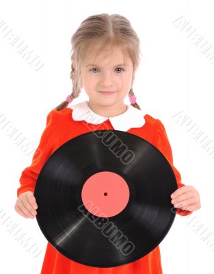 Girl holds Vinyl record on white